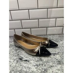 Aldo Shoes Women 8.5 Gold Black‎ Ballet Flats Pointed Toe Bow Leather New Office